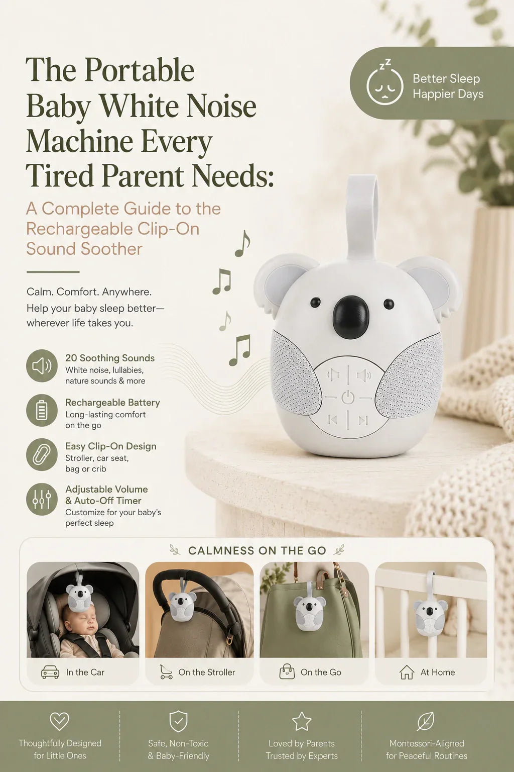 Baby white noise machine with koala design, attached to stroller and car seat
