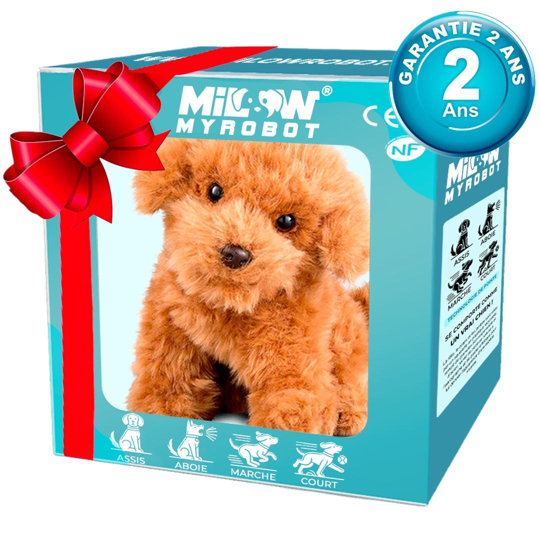 Brown interactive plush robot puppy toy sitting facing forward
