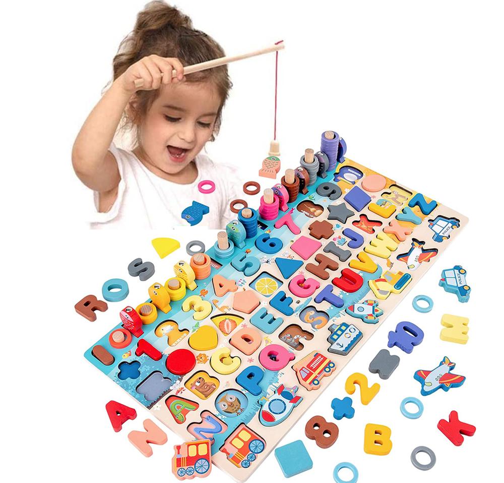 Montessori Wooden Math Fishing Toy Board – Educational Learning Puzzle for Kids Age 1-3, Counting, Shapes & Color Sorting Game