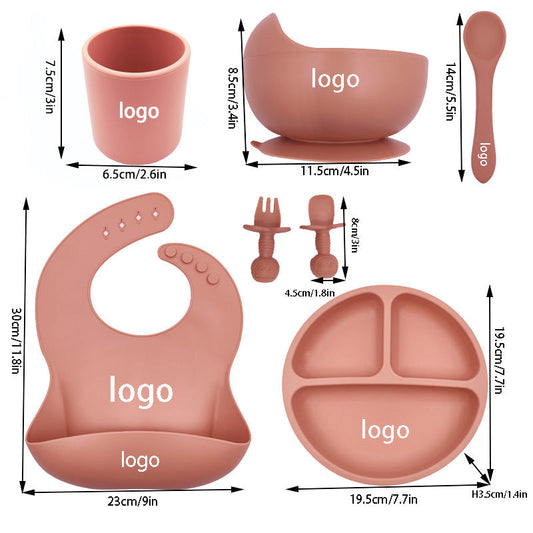 Silicone baby feeding set with suction plate, bowl, cup and bib