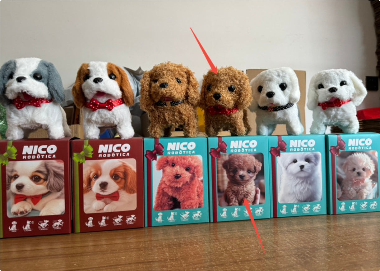 Electronic plush dog sitting up on hind legs