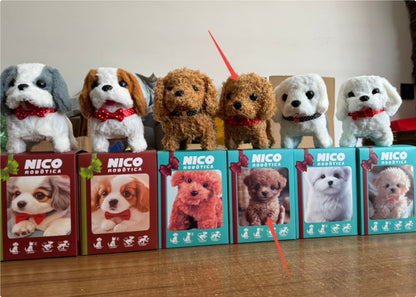 Electronic plush dog sitting up on hind legs